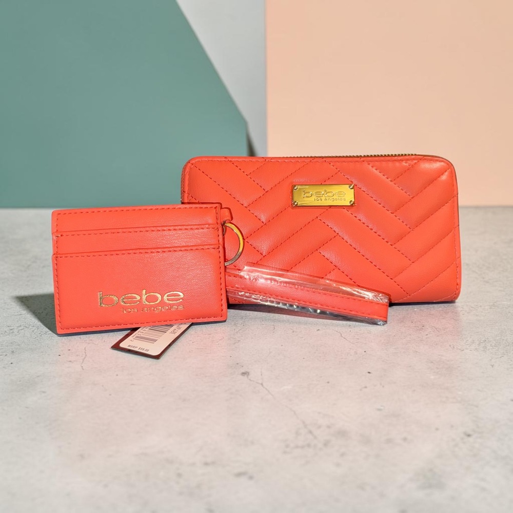 Bebe Los Angeles Quilted Zip Around Wallet and Card Holder Set Coral Orange NWT